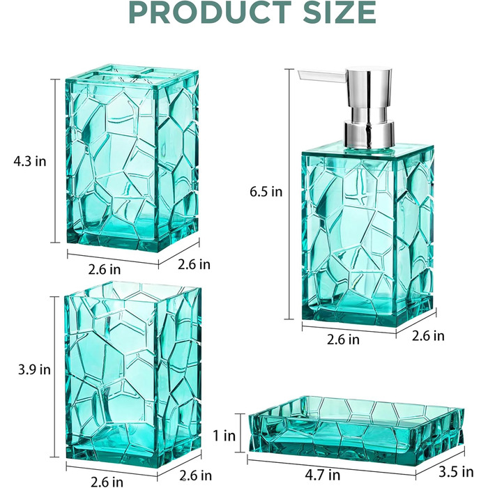 HBlife Bathroom Accessories Set, blue-green, Acrylic, Bathroom Countertop Set with Toothbrush Holder, Soap Dispenser, Cup, Soap Dish, turquoise, Boho, modern bathroom decor, ideal gift choice
