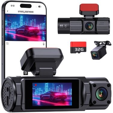 Відеореєстратор E-YEEGER 3-канальний 4K + 1080P + 1080P з Wi-Fi, 32GB карта, нічна зйомка, G-сенсор, паркування - чорний