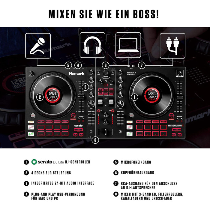 DJ контролер Numark NS4FX: 4 канали, Touch-Jogwheels, Pads, ефекти, Serato DJ Lite, чорний