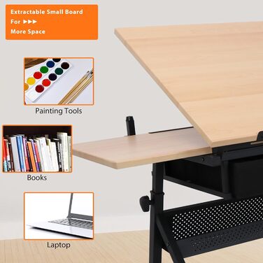 Folding Art Table with Stool and Drawers - Natural Wood Finish