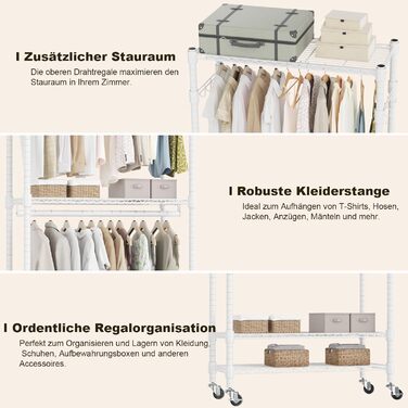 Double Clothes Rack/Garment Rod with Adjustable Shelves, Heavy-Duty Clothes Rack with 2 Hooks, Rolling Clothes Rack, 90 * 42 * 205cm, White (White, 60*42*205cm)