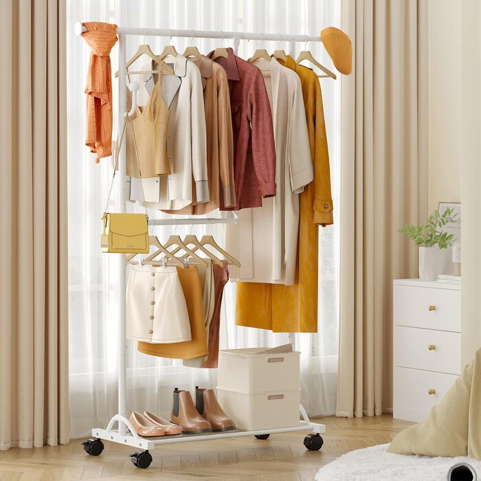 Кледірний стійка FAVOOSTY на колесах, мобільний, металевий, чорно-білий, регульований, 89.50×39.00×161.20 см