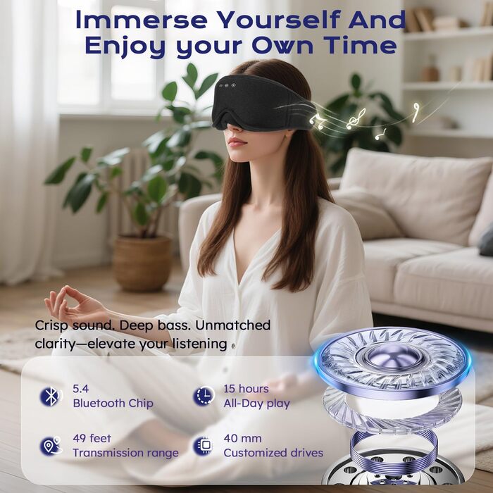 Маска для сну з навушниками Bluetooth LC-dolida 3D, повна блокада світла, чорний колір