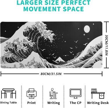 Чорне абстрактне килимок для миші з морем, 80x20 см - килимок для миші з текстурою хвилі, антиковзаюча гумова основа, великий килимок для столу для офісу та дому
