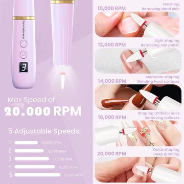 Професійний електричний фрезер для нігтів 12 в 1 з USB-зарядкою, 20000 RPM, для манікюру та педикюру, фіолетовий