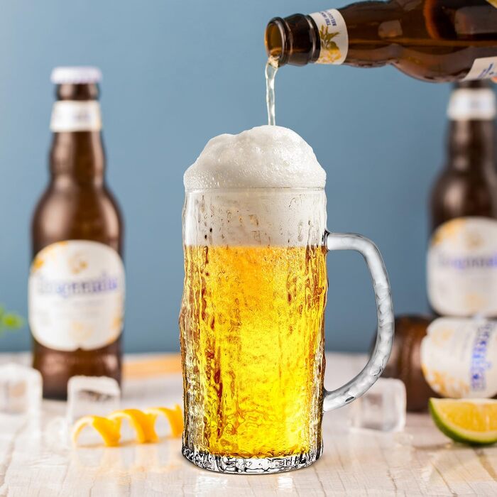 Набір з 2 скляних кружок для пива на 0,58 літра (490 мл) з ручкою, для морозильної камери, ретро стиль, подарунок для чоловіків