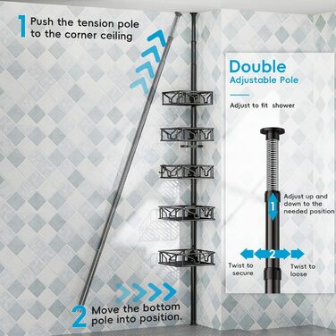 Телескопічна поличка для душу Bomclap з 5 кошиками, кутова, металева, чорна. Регульована висота 106-287 см, без свердління.