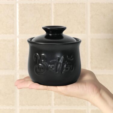 Ceramic butter dish, 156 ml, with water and butter dispenser, holder for spreadable butter, French butter crock with lid, butter container for kitchen countertop, black kitchen decoration