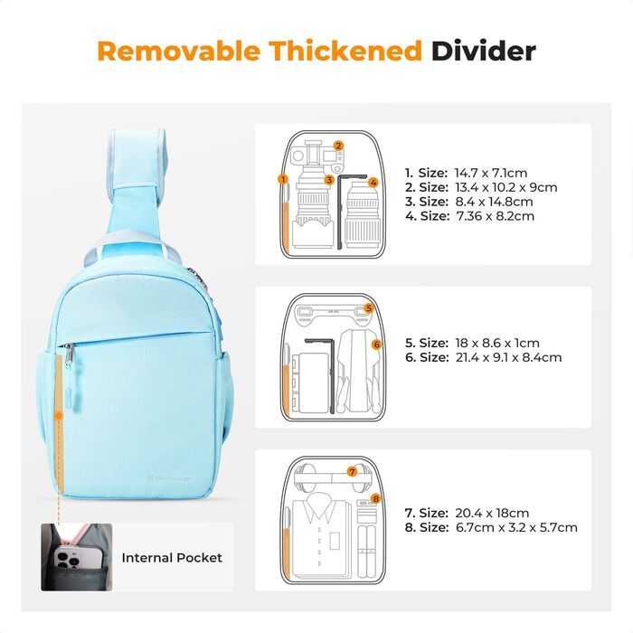 Сумка для камери K&F Concept, сумка-переноска на плечі, фоторюкзак, маленький, водонепроникний, регульований плечовий ремінь, рюкзак для DSLR/SLR камери, об'єктив, 5 літрів, блакитний