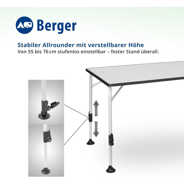 Стіл кемпінговий розкладний BERGER Ivalo 2, 115x70 см, алюмінієвий, регульована висота, для саду, балкону, тераси, сірий