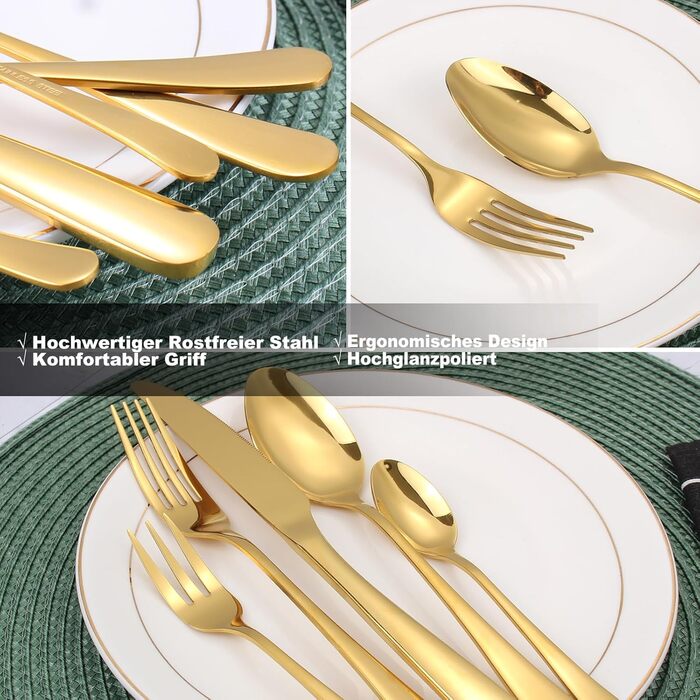 Набір столових приборів на 6 осіб, Targzier, 36 предметів, нержавіюча сталь, з ножем для стейку, високоякісний столовий прибор, ложки, виделки, ножі для сім'ї/вечірки/готелю, чорний, придатний для миття в посудомийній машині, 36 предметів, золотий прибор 