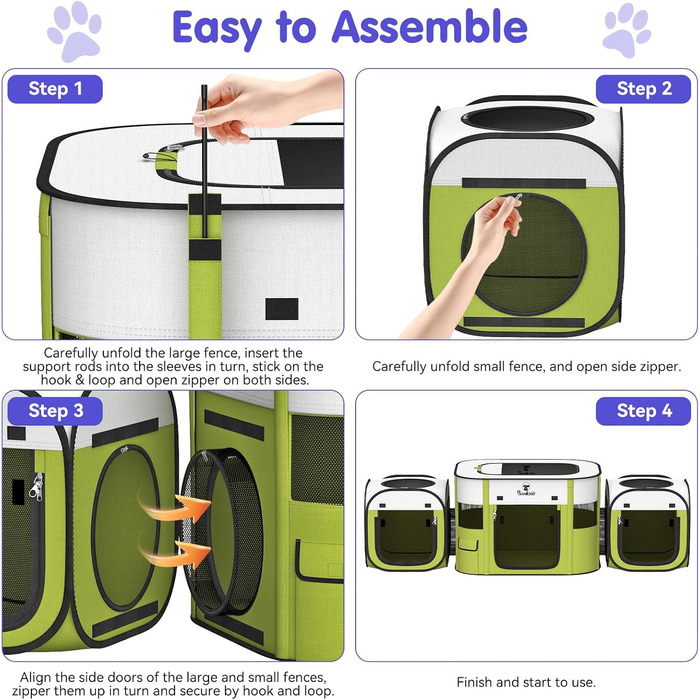 Pawaboo Розкладний вольєр для тварин, переносна клітка для собак та котів, зелений, 90x70x60 см (3-в-1)
