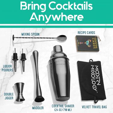 Black Cocktail Shaker Set - Bartender Kit with Tools - Kb4
