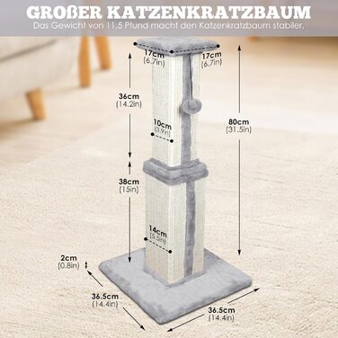 Kratzbaum, 31.5 inches (80cm) tall Scratching Post, Cat Tree, Scratching Log for Medium and Small Cats, Natural Sisal Scratching Post with Interactive Plush Ball, Beige