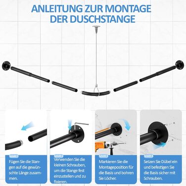 Штанга для душу L-подібної форми, регульована 60-134 см, з кріпленням для штори та опорою для стелі, чорна. Підходить для ванни/ванної кімнати. Потрібно свердління.