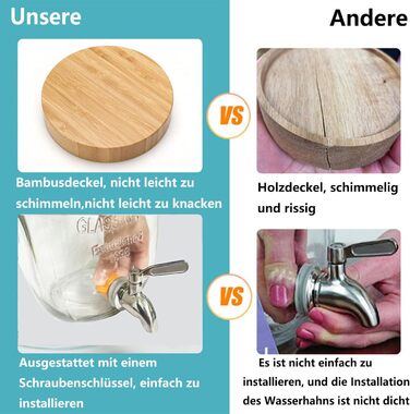 Скляний диспенсер для напоїв на 4 літри з краном, 2 шт. з підставкою, для лимонадів, холодного чаю, комбучі. Підходить для вечірок, свят, бамбукова кришка