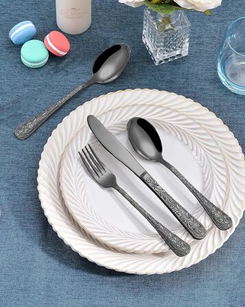 Набір столових приборів з нержавіючої сталі в вінтажному стилі на 6 осіб (чорний, 24 предмети) - ножі, виделки, ложки