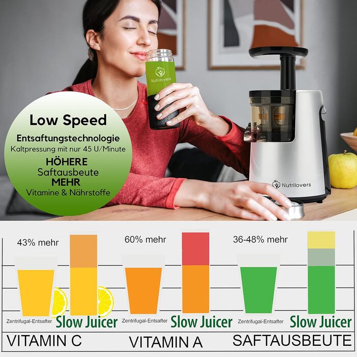 Соковитискач Nutrilovers NUTRI-PRESS MAX для цілих фруктів, холодного віджиму, шнековий, BPA-free, з широкою горловиною 135 мм, у комплекті пляшка та книга рецептів