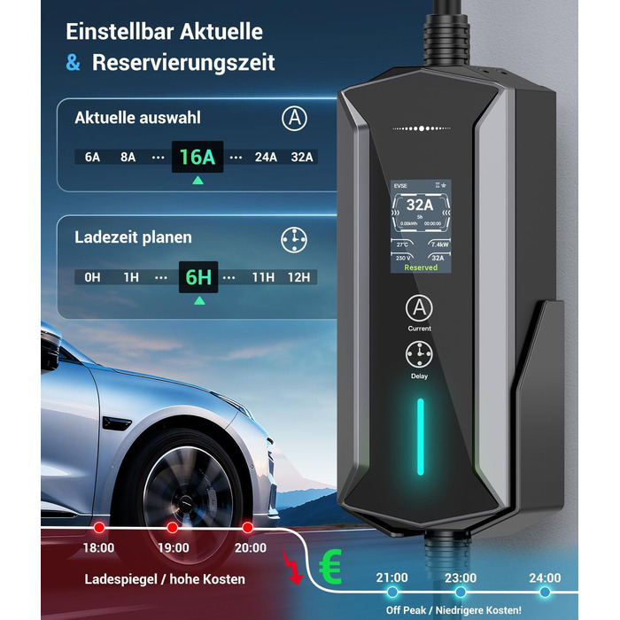 Портативний зарядний пристрій для електромобілів IEC 62196-2, 7,4 кВт, 7м, IP65, LCD, регулювання потужності та часу початку