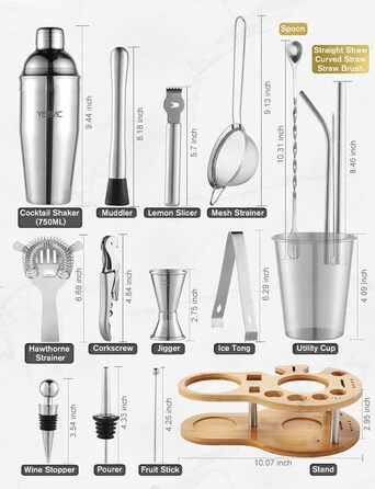 Набір для коктейлів YISSVIC 22 частини: шейкер, мірні склянки, ложка, наливник, підставка з бамбука. Подарунок для професіоналів та початківців