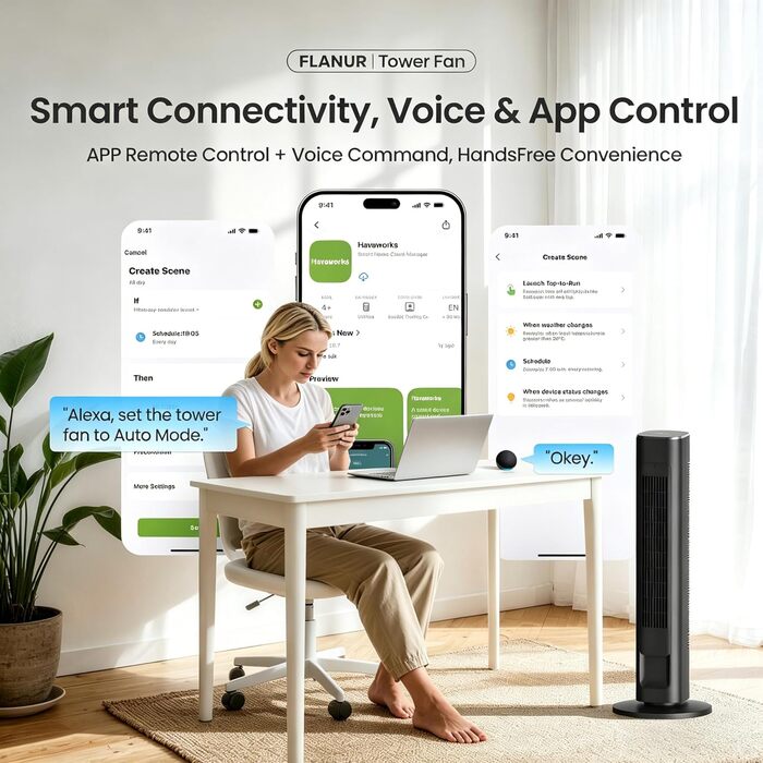 Вежа-вентилятор FLANUR WiFi Alexa 91 см: Тихий вентилятор з пультом, 4 режими, 90° осциляція, таймер 12 год, чорний