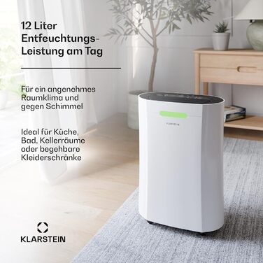 Klarstein AeroDry Smart 12л електросушарка - 12л/день, 2.5л резервуар, 39дБ, WiFi/App/Alexa, LED дисплей, таймер 24г, вугільний фільтр, для приміщень до 18м², преміум якість