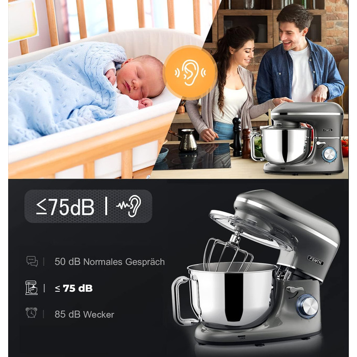 Fentic 2000W Stand Mixer - Stainless Steel Bowl (6.2L) - Kitchen Machine with Dough Hook, Beater, Whisk & Splash Guard - Includes Accessories - Anthracite
