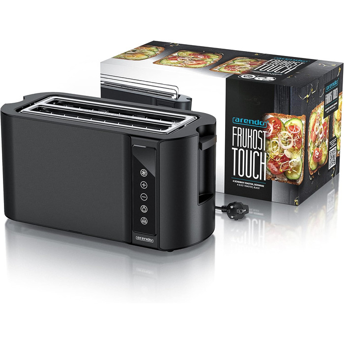 Arendo - Stainless Steel Toaster, Long Slots, 4 Slices - Touchscreen – Double-Walled Housing – 1500 W – Integrated Bagel Setting – 7 Browning Levels – Bread Centering – Remaining Time Display – Memory Function B: Night Black