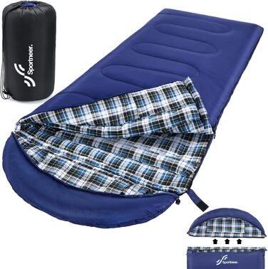 Спальний мішок Sportneer Outdoor - фланелевий зимовий спальник 220 x 85 см з капюшоном, компактний ковдровий спальник для кемпінгу (синій)