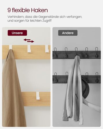 VASAGLE Coat Rack, Coat Stand with Hooks, Clothes Rack with Mirror, Shoe Bench and Shelves, 36 x 98 x 185 cm, for Entryway, Bedroom, Living Room, Vintage Brown-Black HSRAM050B01 (Oak Color + White)