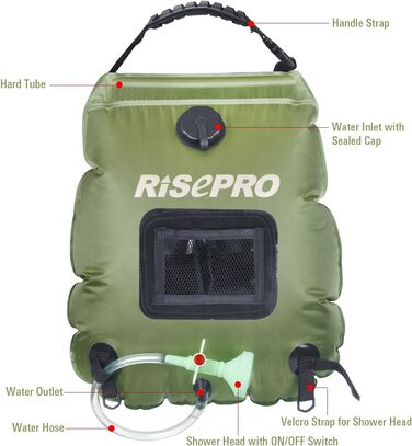 Соняшний душ RISEPRO 20л: портативна сонячна водогрілка для кемпінгу, подорожей, відпочинку на природі. Макс. температура 45°C, знімний шланг та душова насадка.
