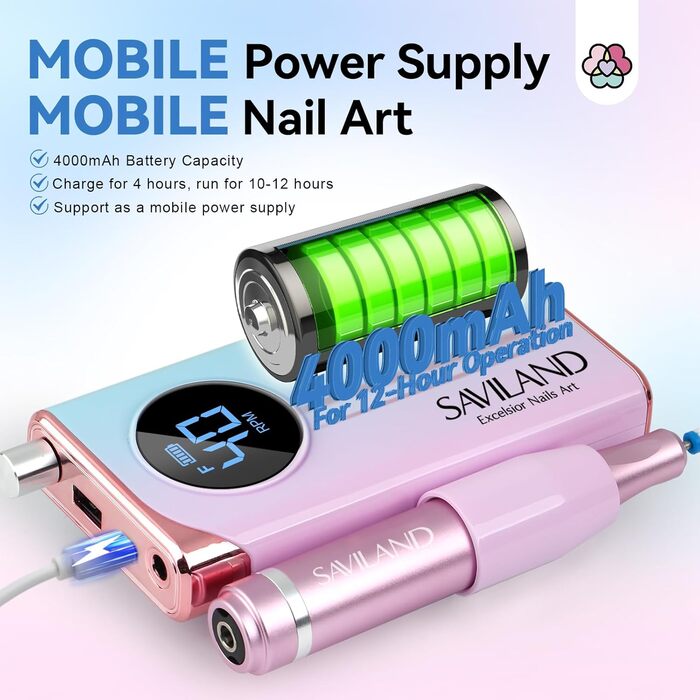 Електрична фрезер для нігтів Saviland 40000 об/хв, 12 в 1, професійний манікюр/педикюр, 4000mAh, USB, портативна, з набором фрезерних насадок, градієнтний колір