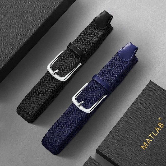 Набір з 2 еластичних тканинних ременів для жінок та чоловіків – регульовані, 3,3 см, довжина 100-120 см (чорний + синій), 100 см