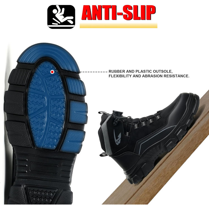 Черевики безпеки чоловічі та жіночі. Водонепроникні робочі черевики. Легкі, неслизькі, з поворотним затвором, зі сталевим підноском (38 EU, C26, чорний)