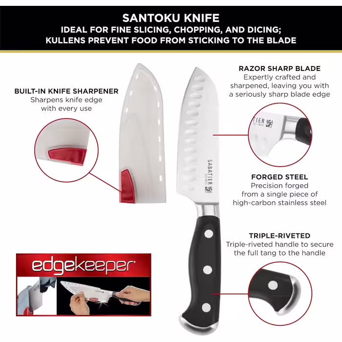 Кухонний ніж Santoku Sabatier, кований, трьохклепковий, самозаточувальний чохол, високовуглецева нержавіюча сталь, 12,7 см, для овочів та фруктів