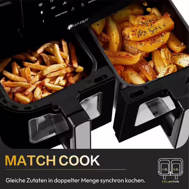 LLIVEKIT Dual Zone Hot Air Fryer with Viewing Window, 9L XXL Air Fryer without Oil, Air Fryer with 9-in-1 Cooking Presets, 2 Drawers, Touchscreen, Smart and Timer Function, Healthy Fryer and Low-Fat 9L Black | Dual Zone