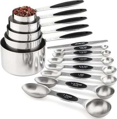 Measuring cup and spoon set includes 5 stainless steel measuring cups, 7 magnetic measuring spoons, and 1 leveler for dry or liquid ingredients (black)