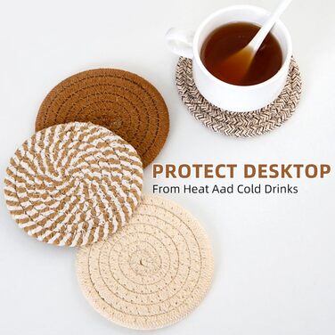 Absorbent Coasters for Drinks – Boho Coaster Set for Coffee Table – Stylish Natural Material, Home Decor, Colorful Cup Coasters with Holder, 10.9 inches, Light Coffee