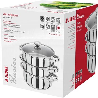 Парoварка з нержавіючої сталі Judge Essentials, 20 см, 3 рівня, термодно, вентильований скляний кришка, для овочів, енергозберігаюча, індукційна