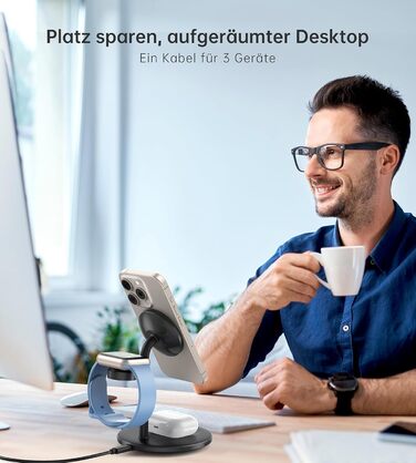 3-в-1 індукційна зарядка для декількох пристроїв, 15W MagSafe зарядка для iPhone 15/14, MagSafe зарядний пристрій для iWatch Ultra 2/1/Series 9/8, AirPods, білий/чорний