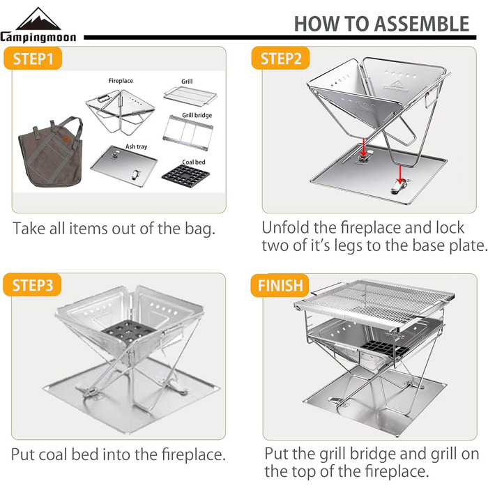 CAMPINGMOON 3-in-1 Portable Stainless Steel Wood Grill and Fire Pit, 16 x 18 inches, with Carrying Bag MT-045