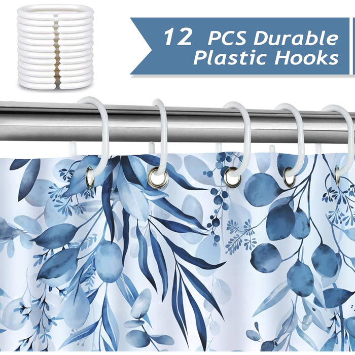 Шторка для душу Bonhause з зеленими листками та рослинами, 180 x 180 см, антигрибкова, водонепроникна, з поліестеру, придатна для прання, для ванної кімнати, з 12 гачками (180 x 180 см, 1 шт.), блакитна Евкаліптус