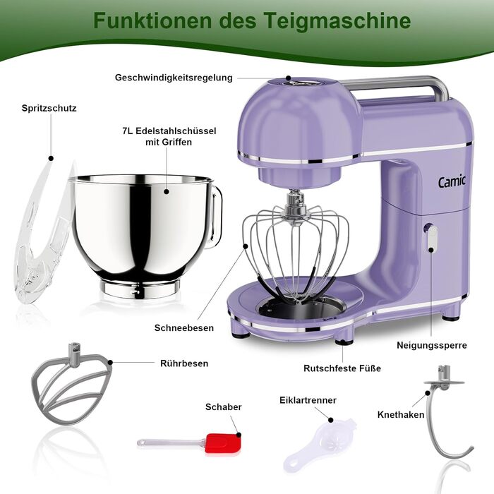 Кухонна машина Camic 2000W: планетарний міксер з чашею з нержавіючої сталі 7л, 10 швидкостями, набором насадок та захистом від бризок, світло-фіолетова