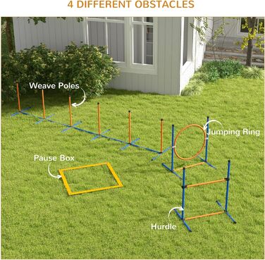 Набір для аджиліті PawHut для собак, 8 предметів, для вулиці, з тканинними стовпчиками, регульоване кільце для стрибків, бар'єри, зона відпочинку, тенісні м'ячі, свисток, шорти для тренувань