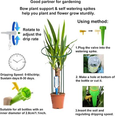 KAZITOO 8 Pack Large 60cm Tall Arch Plant Support Stakes, 4mm Thick Metal Garden Supports Green Half-Round Flower Rings with 4 Self-Watering Tips for Peonies, Hydrangeas, Monstera (60x30cm)