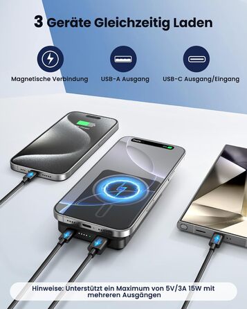 Power Bank 12000mAh з MagSafe, Магнітний Пауербанк Швидка Зарядка QC4.0 22,5W PD20W USB-C, Бездротовий Акумулятор для iPhone 16/15/14/13/12, Чорний