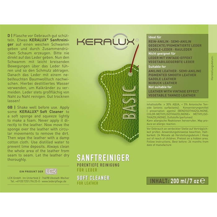KERALUX 4-piece leather care set A for aniline leather, 200 ml cleaner, 200 ml conditioner, sponge, cloth. Includes impregnation and UV protection.