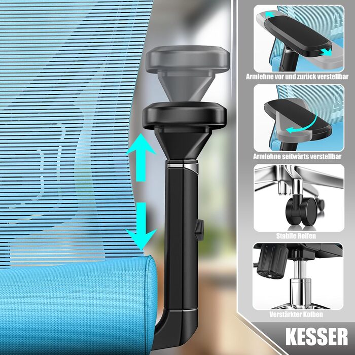 Крісло офісне KESSER® ергономічне з регульованими підлокітниками, поворотне з підтримкою попереку, з підголівником, функція гойдання до 125° та 5 роликів, блакитне/сріблясте