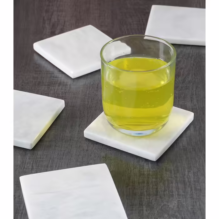 Set of 6 white, handcrafted marble coasters, 8.9 cm, for bar drinks and coffee cups, square coaster set for kitchen – ideal pot mat, coasters, plates – no wood