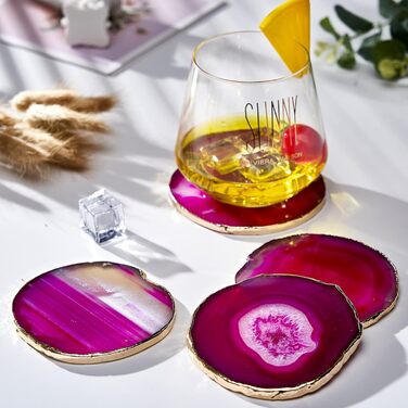 Yougoals Coasters, Geode Coasters for Drinks, Gemstone, Natural Stone, Agate Slices, Coasters, Cup Mat for Home Decoration (4 Pieces) (Pink)